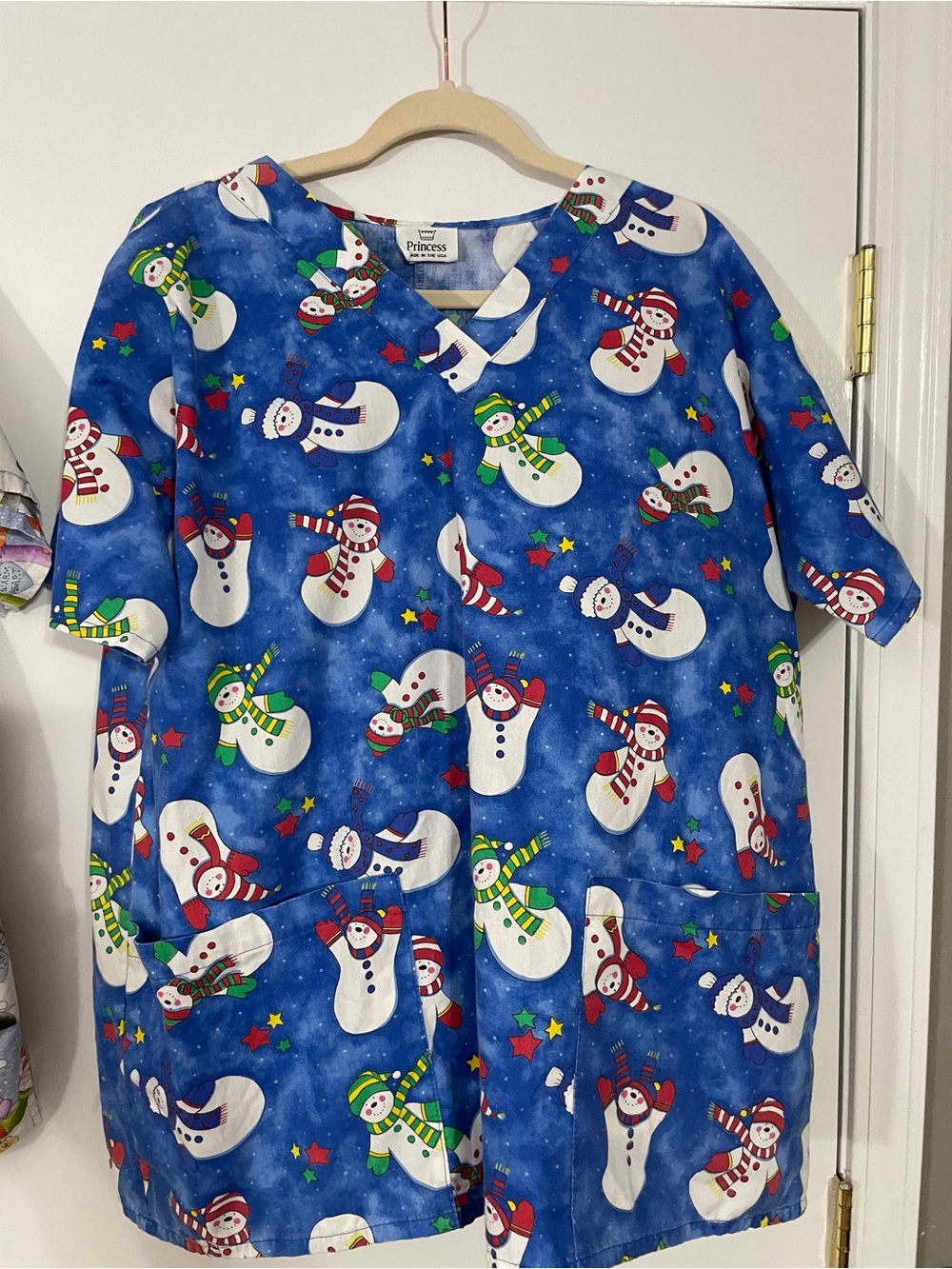 Blue Snowman Holiday Scrub Top